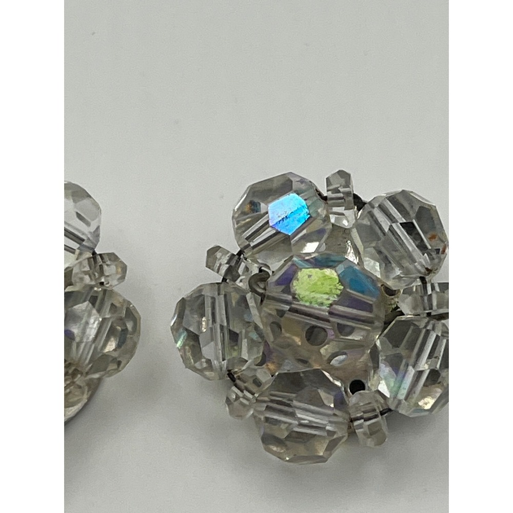 Vintage Aurora Borealis Crystal Cluster Clip On Earrings Iridescent Silver Tone - Picture 6 of 11